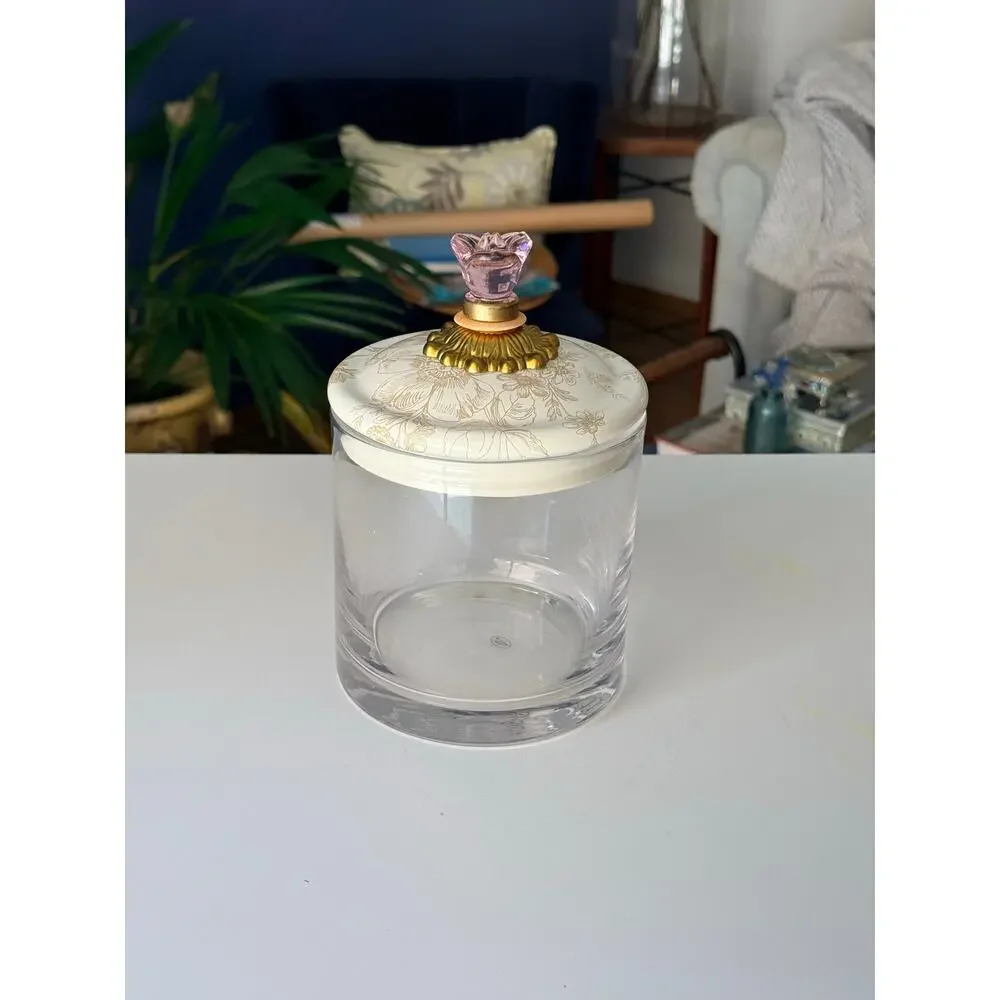MacKenzie-Childs Glass Canister Floral Lid Pink Butterfly Finial 9x5